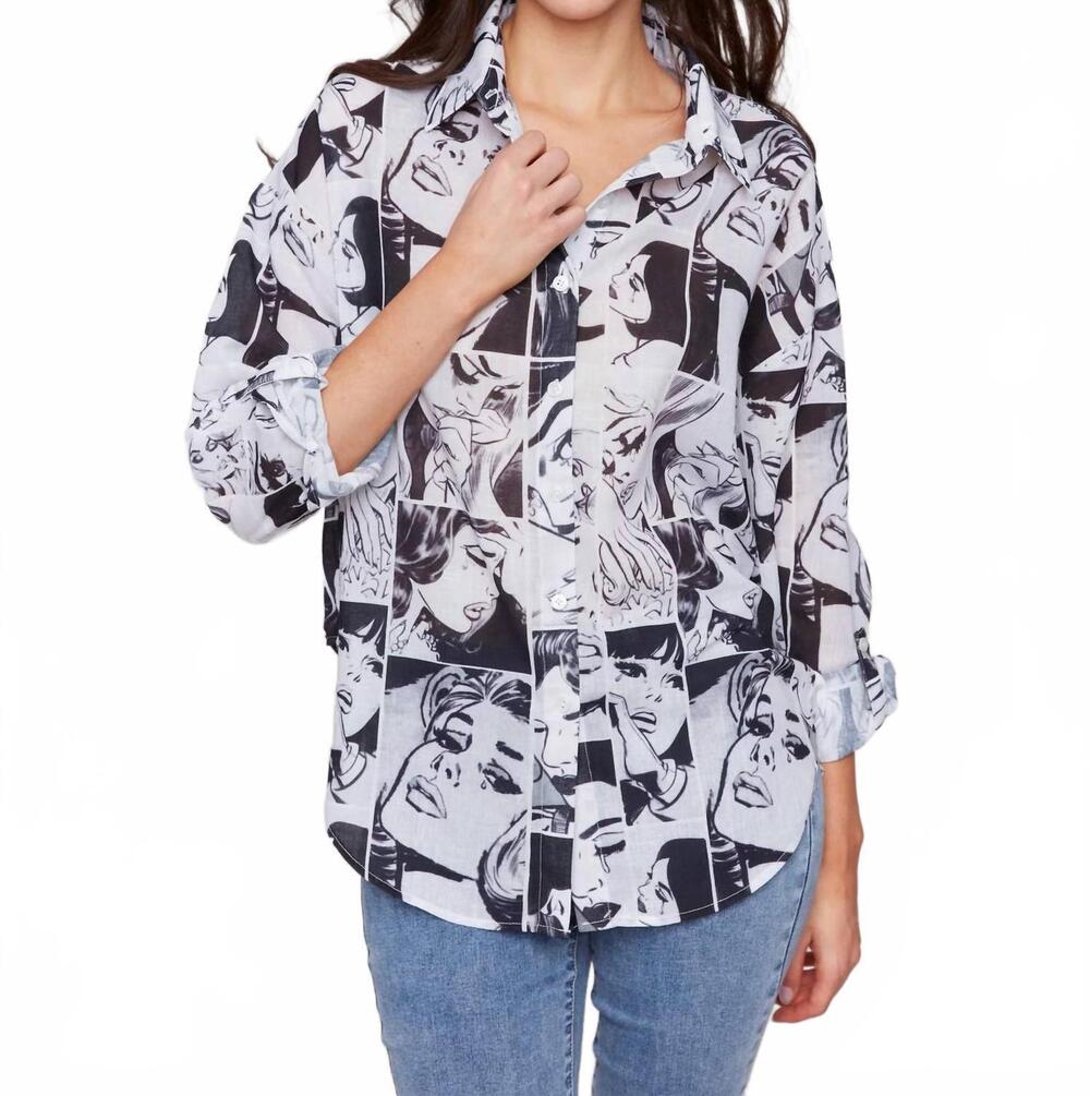 NEW CHARLIE B print long sleeve button front top in comics